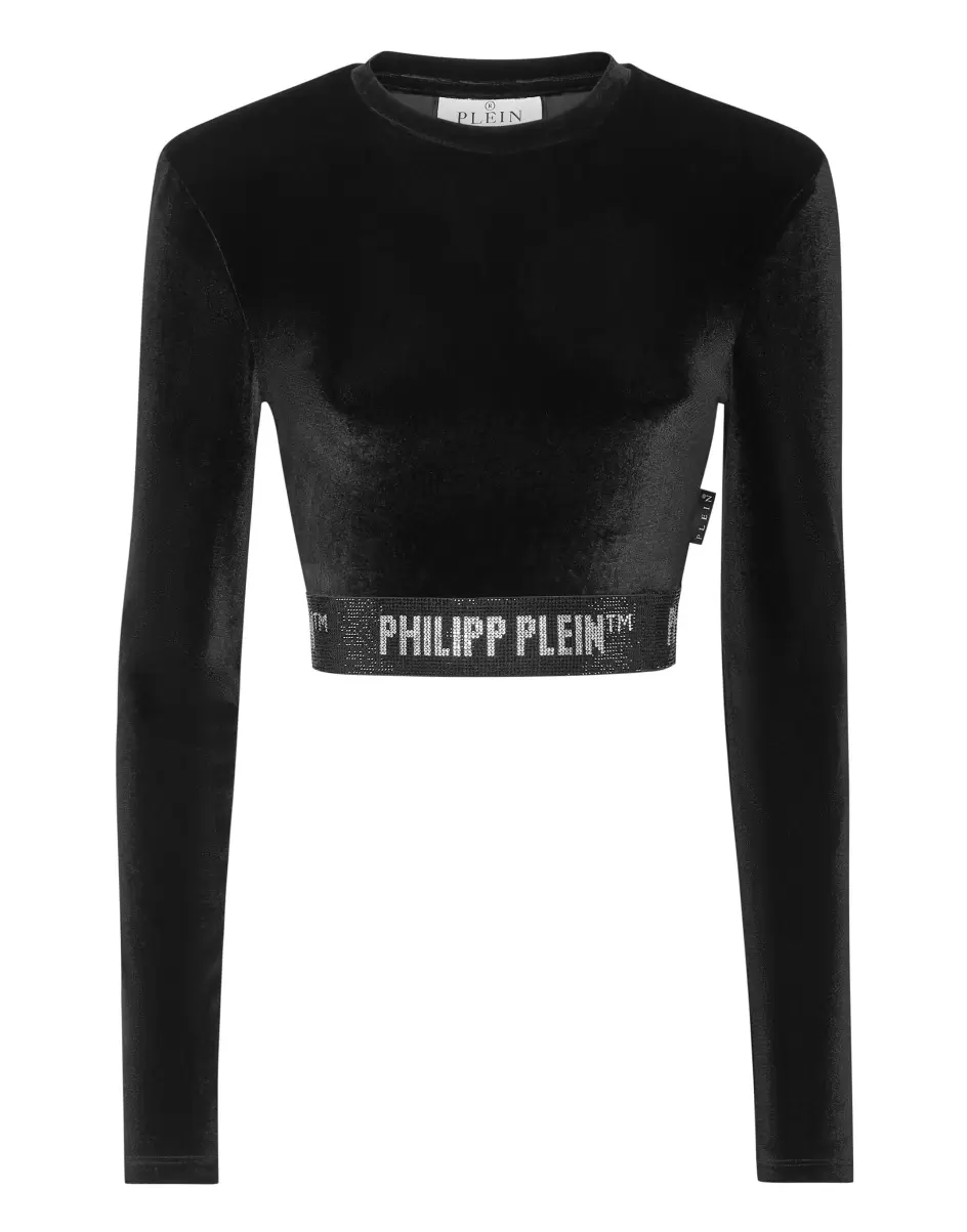 Oberteile Long-Sleeve Padded Shoulder Cropped Top Crystal Damen Philipp Plein Garantie Black