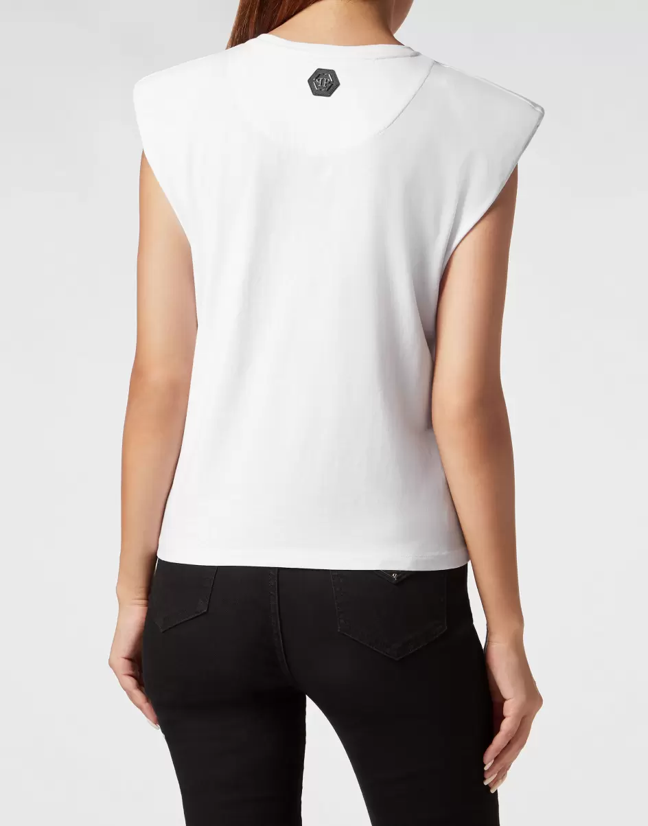 Philipp Plein Damen White Sleeveless T-Shirt Sexy Pure With Crystals Sicherheit Oberteile - 2