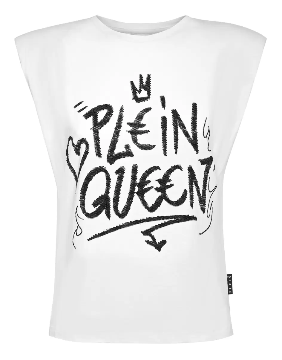 Philipp Plein Damen White Sleeveless T-Shirt Sexy Pure With Crystals Sicherheit Oberteile