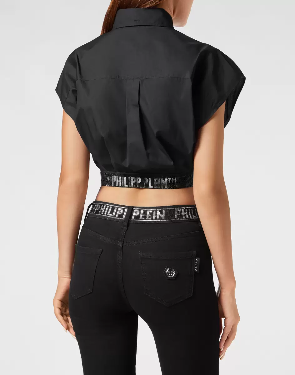 Damen Black Philipp Plein Oberteile Entwicklung Popeline Cropped Shirt - 2