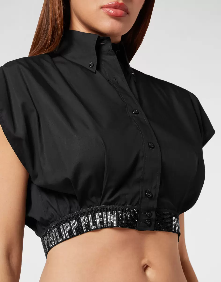 Damen Black Philipp Plein Oberteile Entwicklung Popeline Cropped Shirt - 4