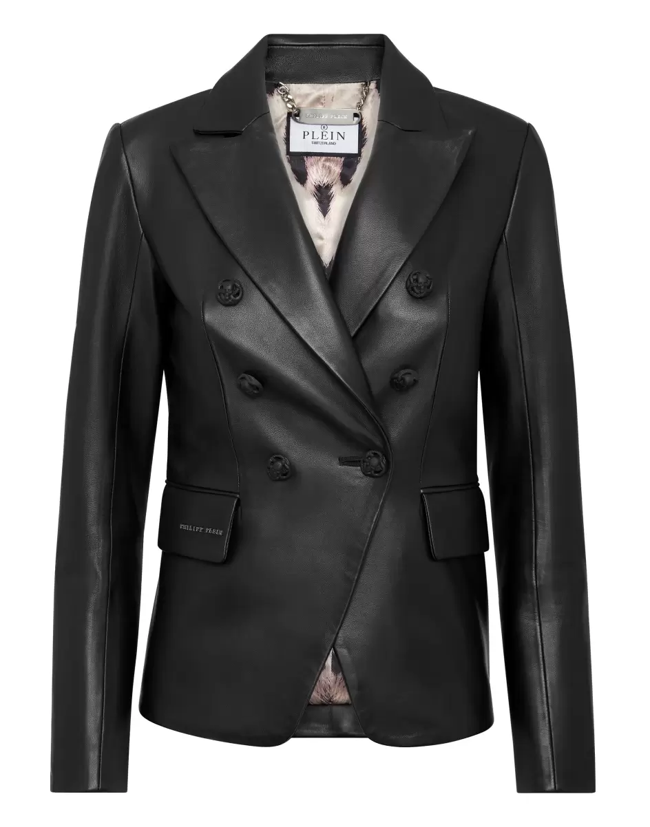 Black Philipp Plein Damen Leather Fitted Blazer Sonderangebot Blazer
