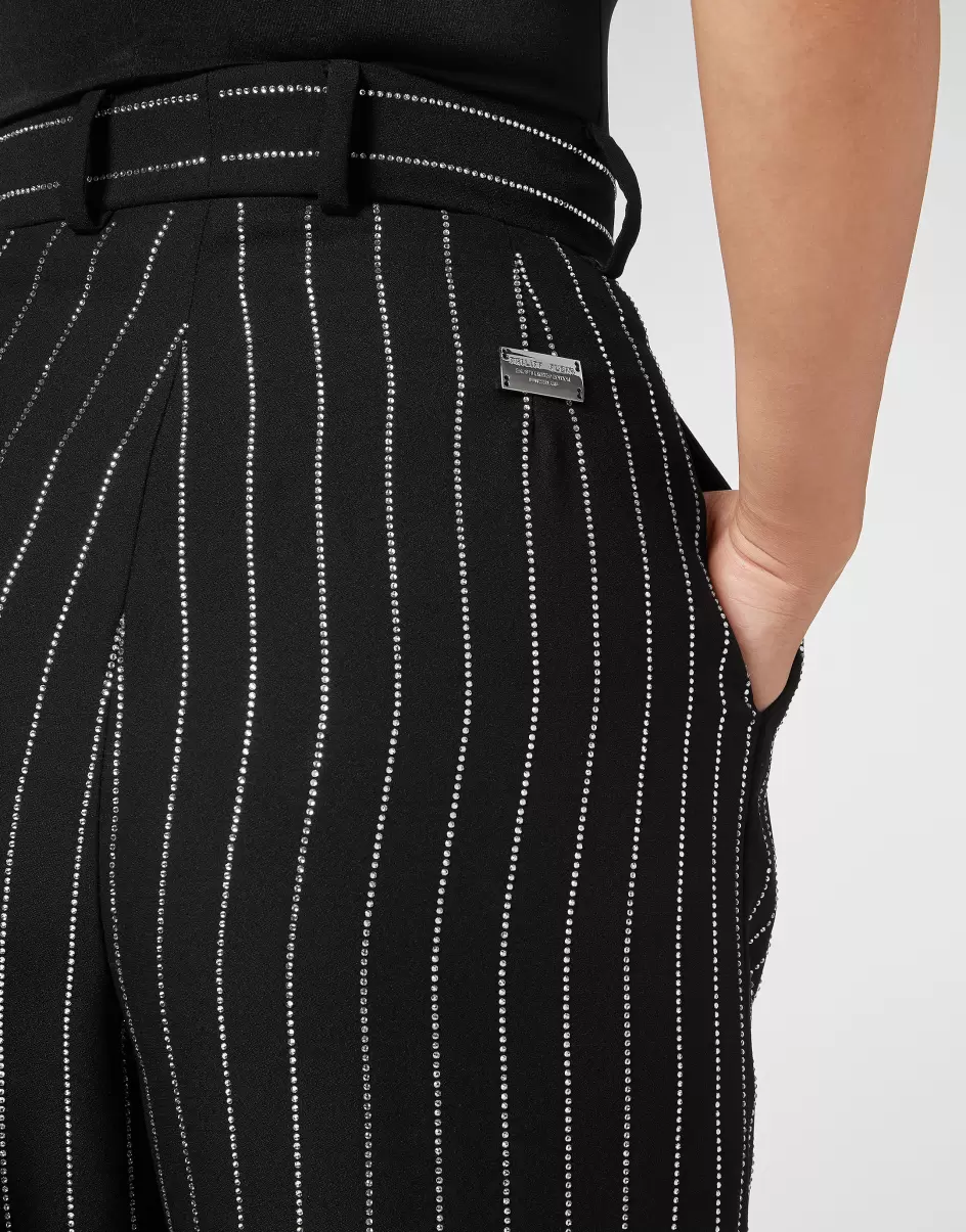 Damen Philipp Plein Hosen & Shorts Cady Trousers Man Fit Crystal Pinstripe Umweltfreundlich Black - 4