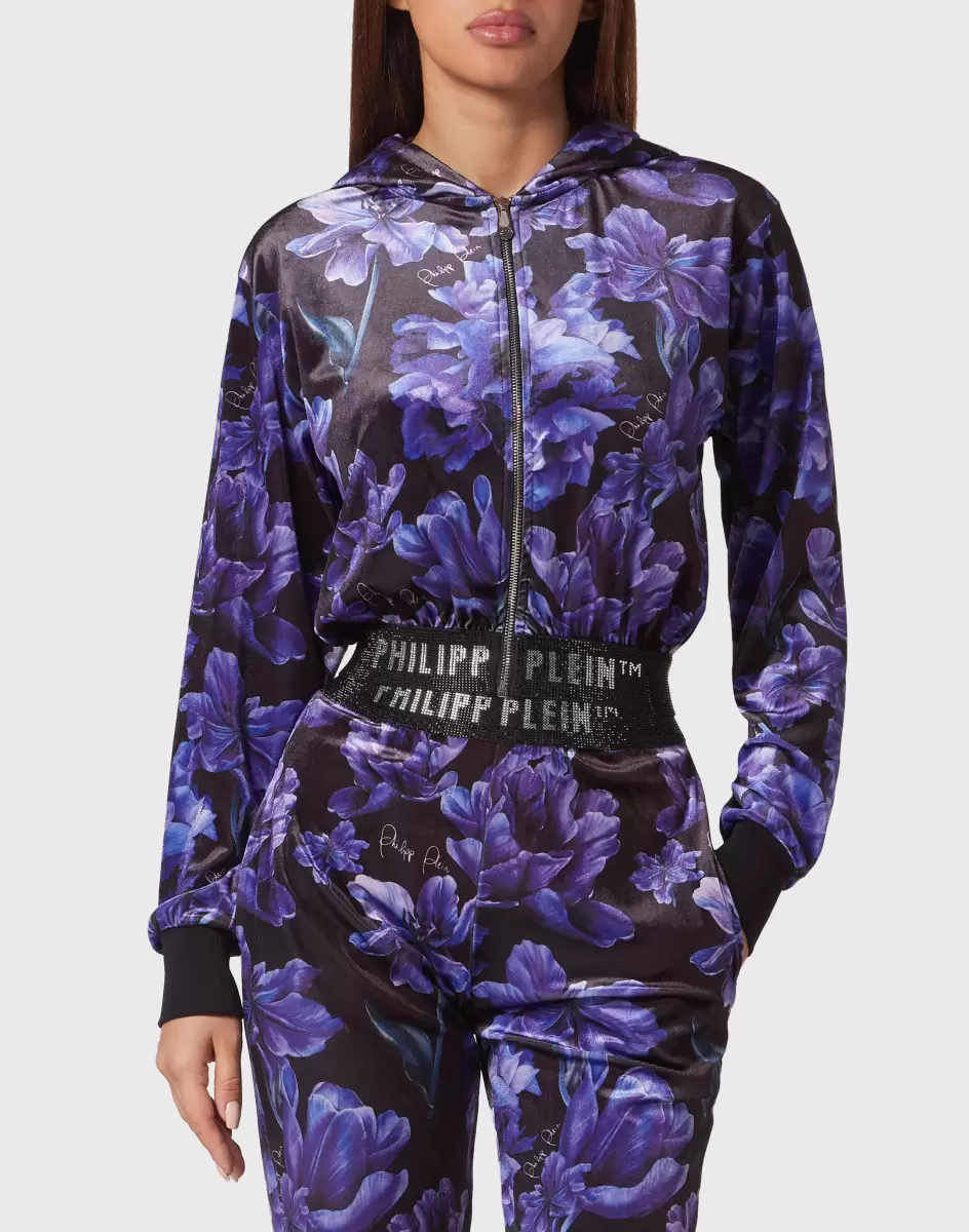 Black Kunde Activewear Philipp Plein Damen Cropped Hoodie Sweatjacket Flowers - 1