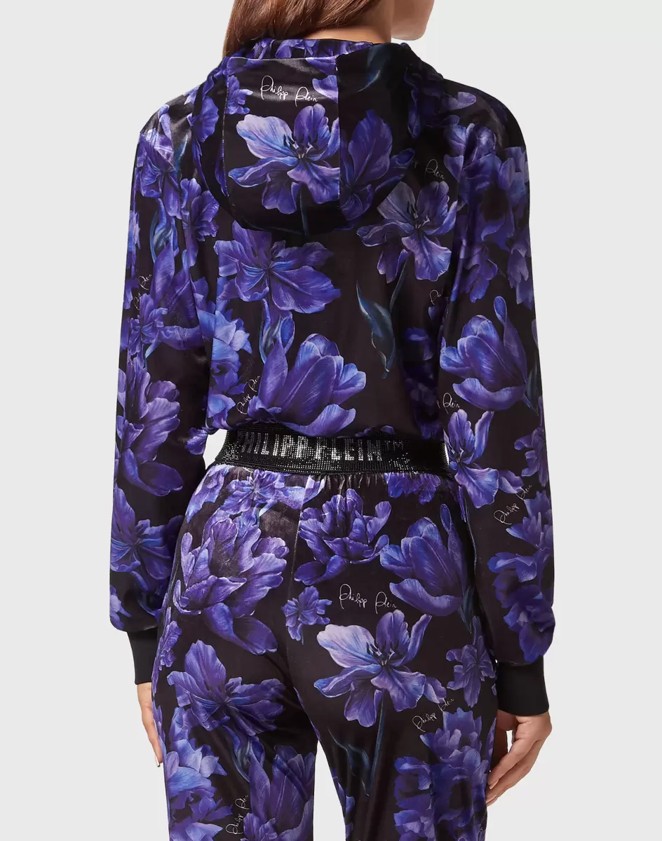 Black Kunde Activewear Philipp Plein Damen Cropped Hoodie Sweatjacket Flowers - 2