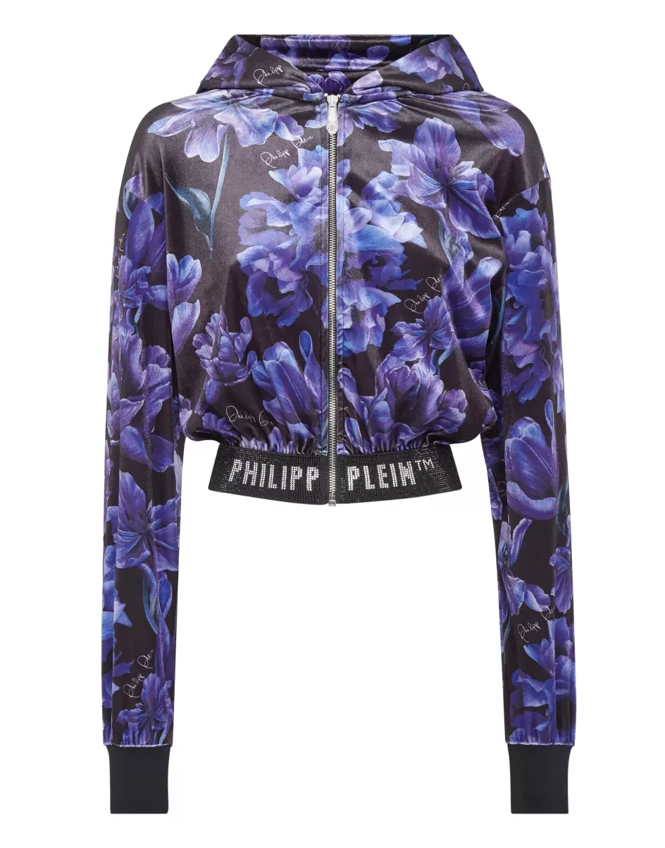 Black Kunde Activewear Philipp Plein Damen Cropped Hoodie Sweatjacket Flowers
