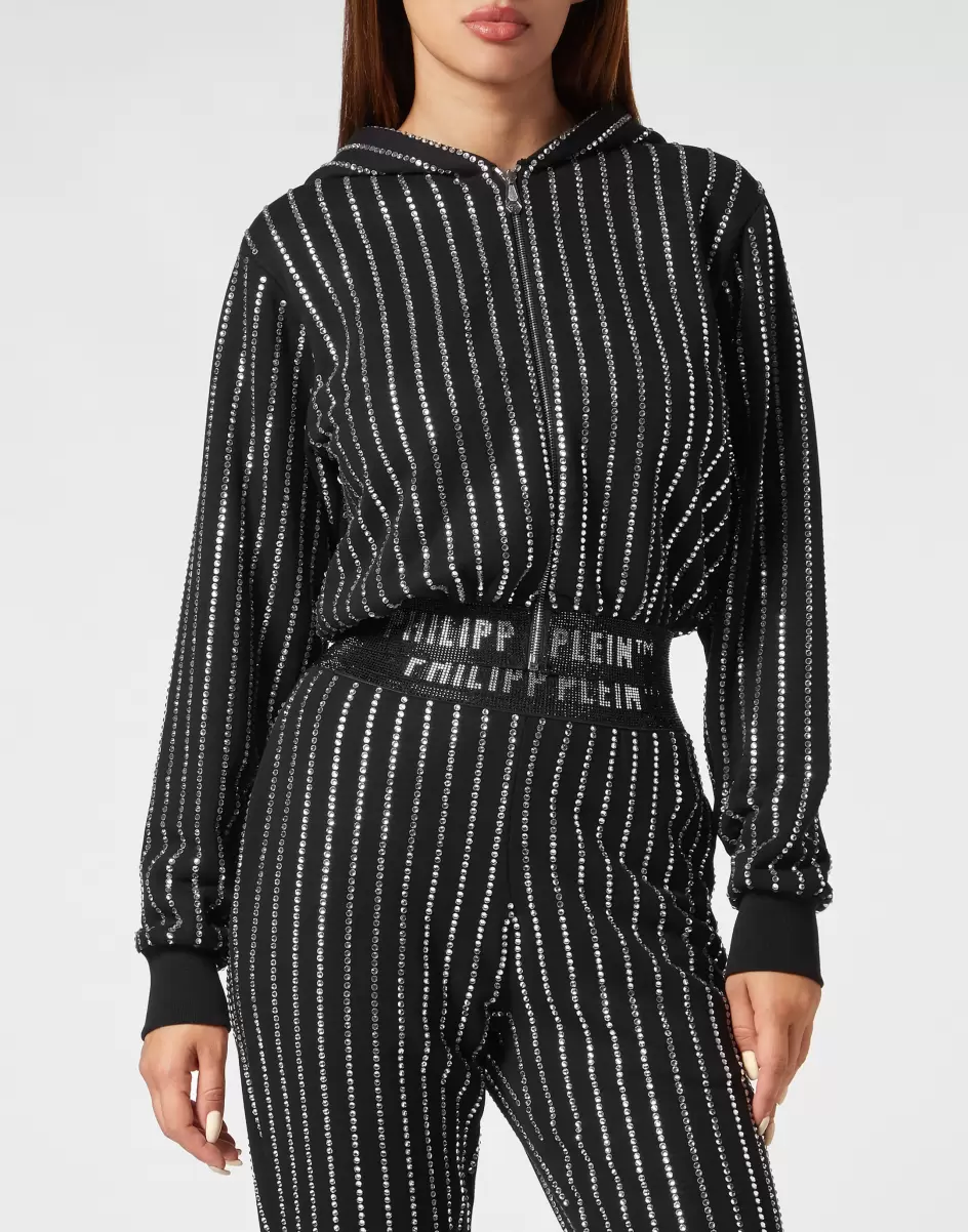 Cropped Hoody Sweatjacket With Crystals Crystal Pinstripe Black Philipp Plein Damen Verkauf Activewear - 1