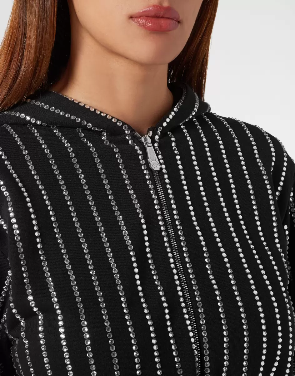 Cropped Hoody Sweatjacket With Crystals Crystal Pinstripe Black Philipp Plein Damen Verkauf Activewear - 4