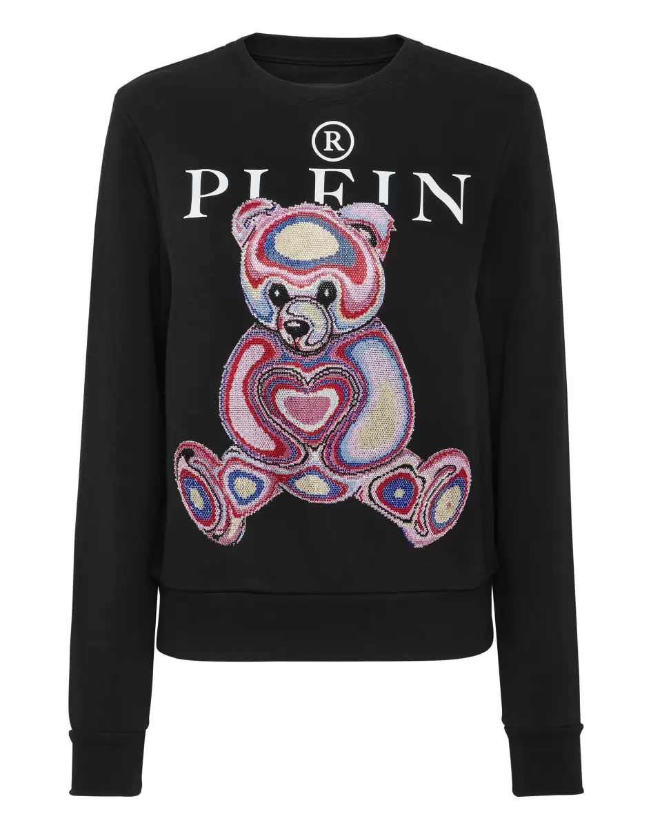 Black+Fuchsia Sweatshirt Ls With Crystals Teddy Bear Mode Philipp Plein Activewear Damen