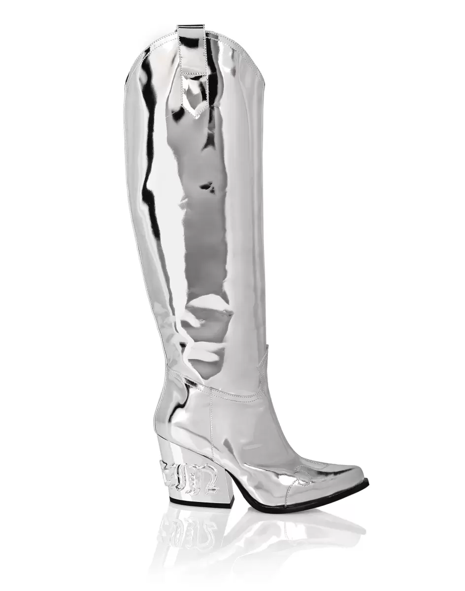 Verpackung Philipp Plein Mirror Leather Boots Low Heels High Gothic Plein Boots & Stiefeletten Silver Damen - 1