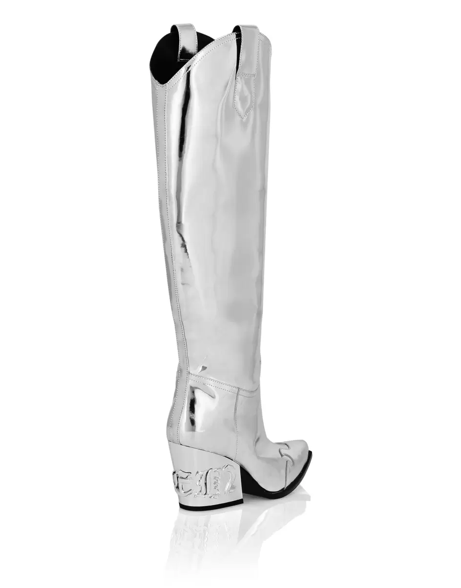 Verpackung Philipp Plein Mirror Leather Boots Low Heels High Gothic Plein Boots & Stiefeletten Silver Damen - 3