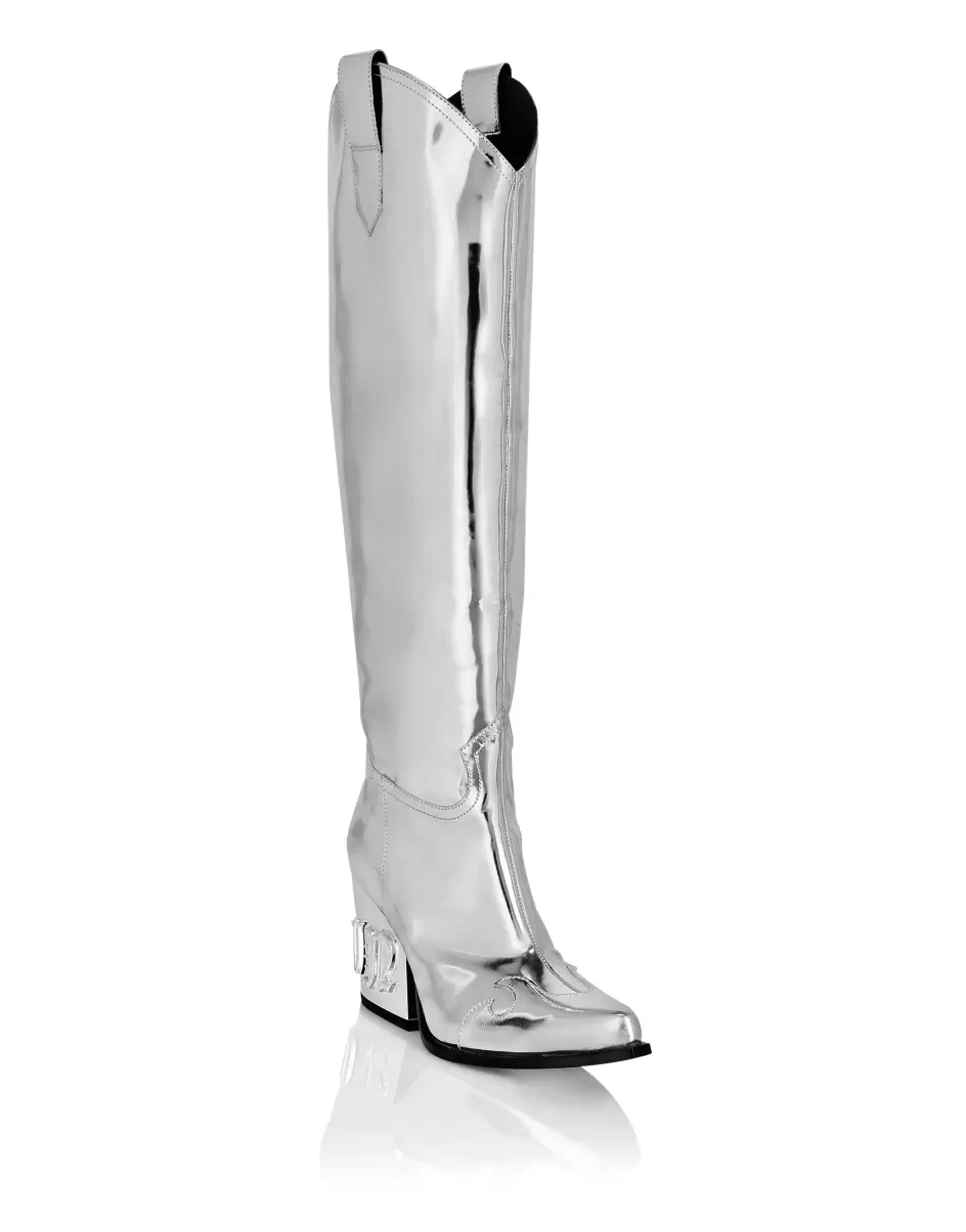 Verpackung Philipp Plein Mirror Leather Boots Low Heels High Gothic Plein Boots & Stiefeletten Silver Damen