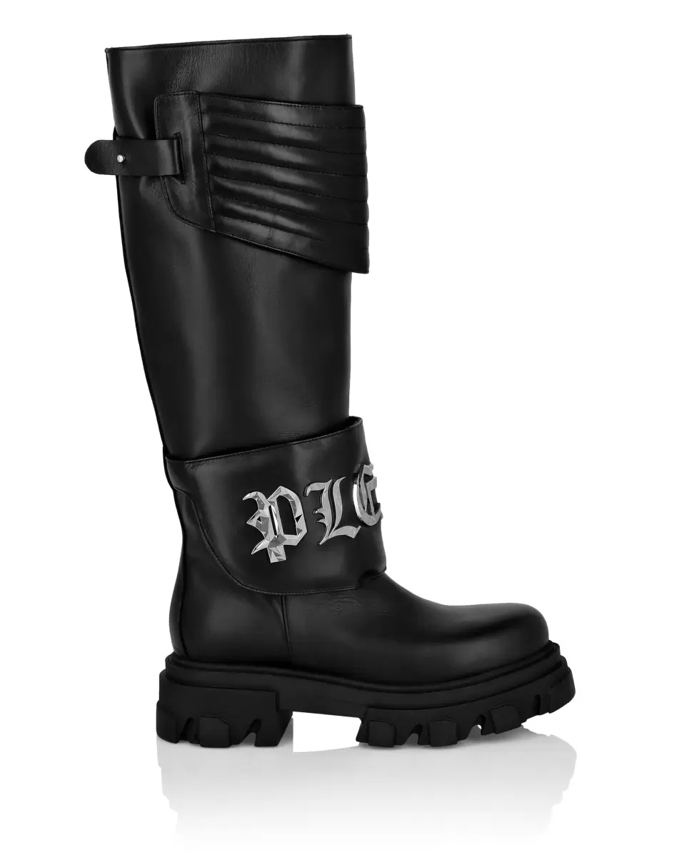 Black Philipp Plein Reduzierter Preis Damen Leather Boots High Flat Gothic Plein Boots & Stiefeletten - 1