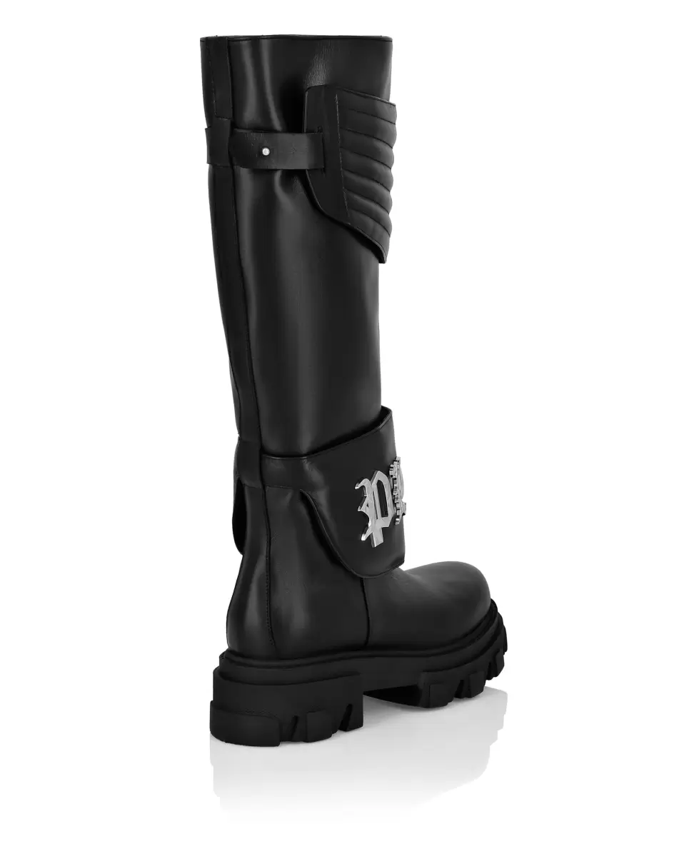 Black Philipp Plein Reduzierter Preis Damen Leather Boots High Flat Gothic Plein Boots & Stiefeletten - 3