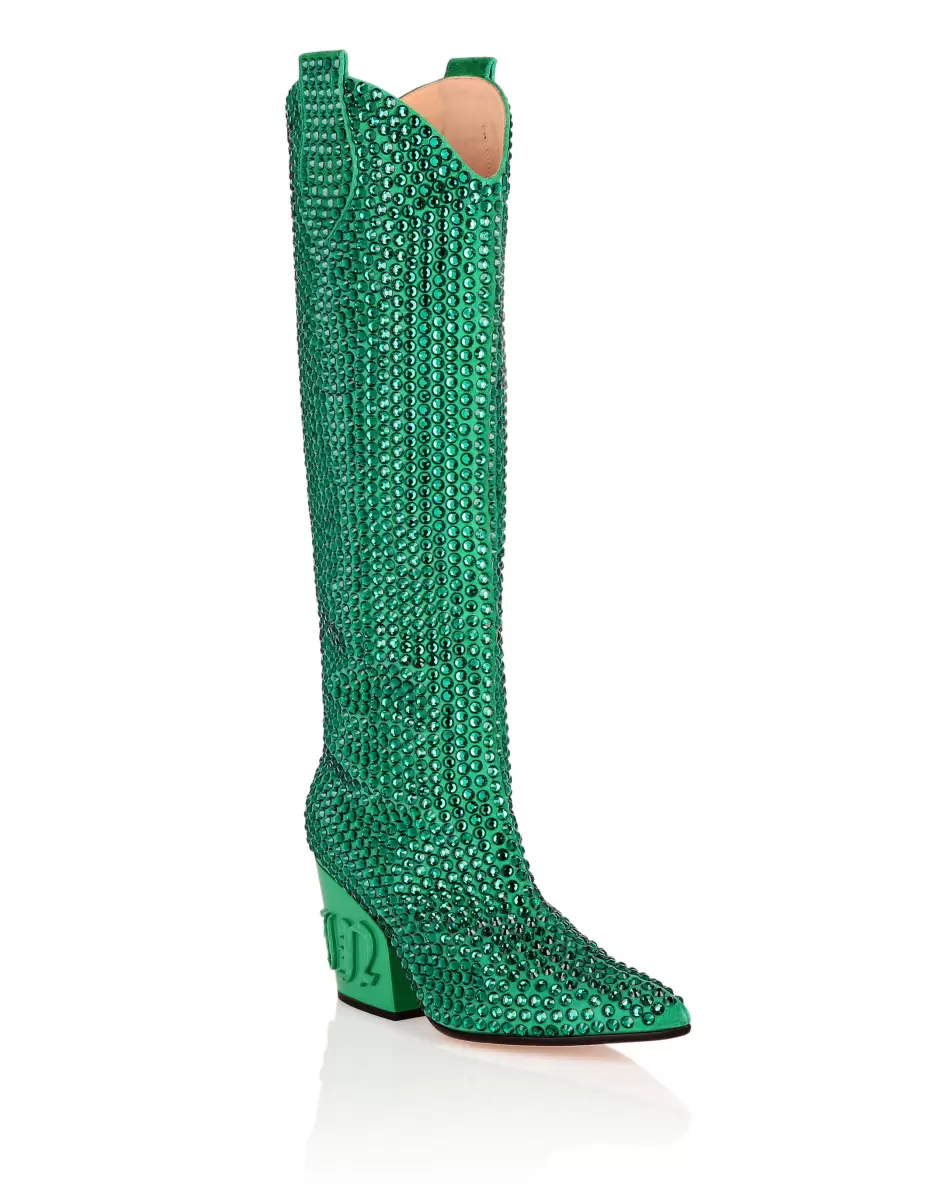 Philipp Plein Marke Cowboy Boots Mid Heels High Crystal Damen Boots & Stiefeletten Green