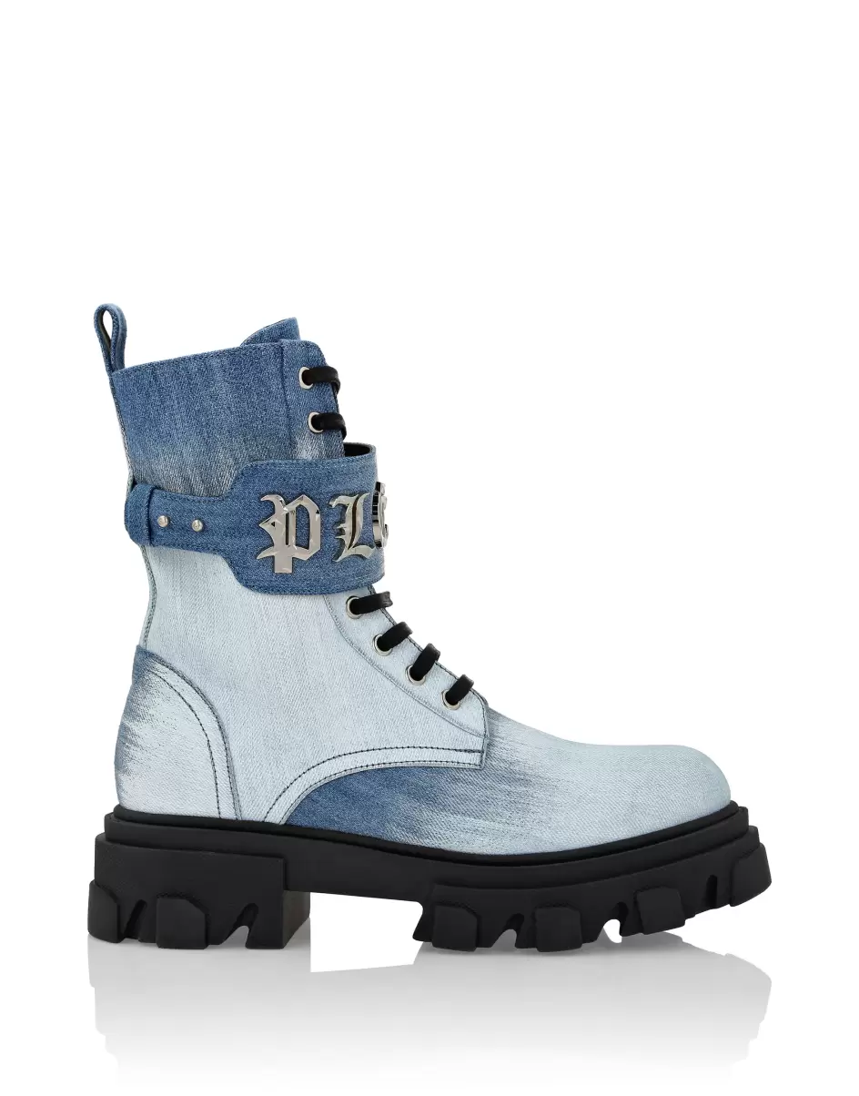 Boots & Stiefeletten Eigenschaft Blue/White Philipp Plein Denim Mid Flat Boots Gothic Plein Damen - 1