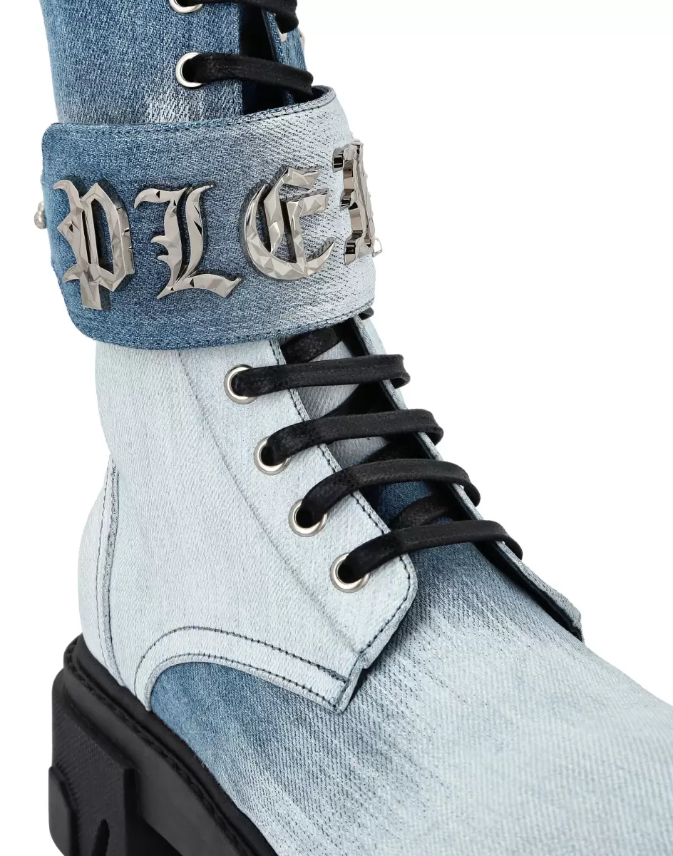 Boots & Stiefeletten Eigenschaft Blue/White Philipp Plein Denim Mid Flat Boots Gothic Plein Damen - 2