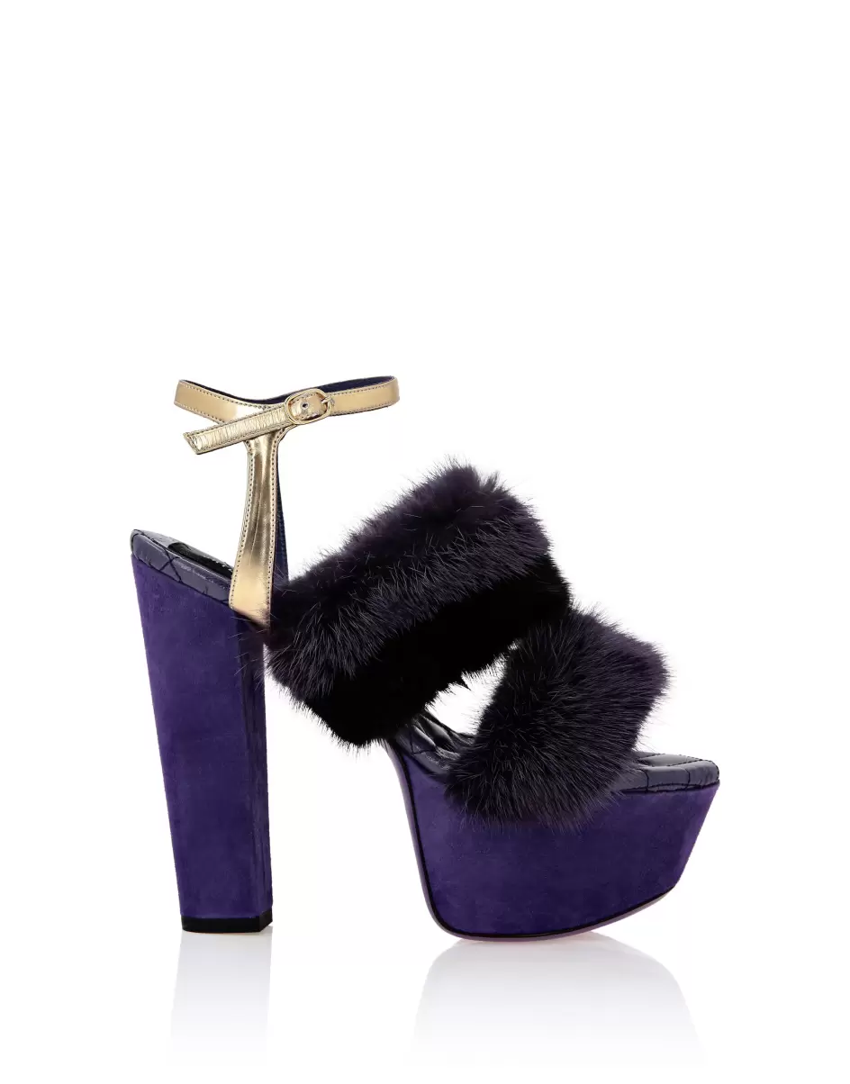 Damen Sandalen Kauf Philipp Plein Purple Platform Sandals High Heels With Real Fur - 1