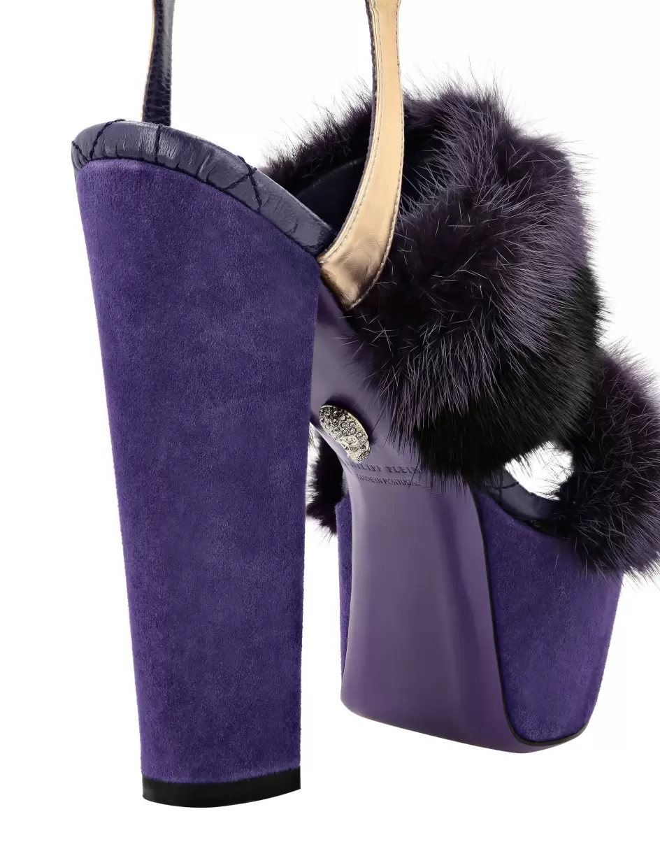 Damen Sandalen Kauf Philipp Plein Purple Platform Sandals High Heels With Real Fur - 3