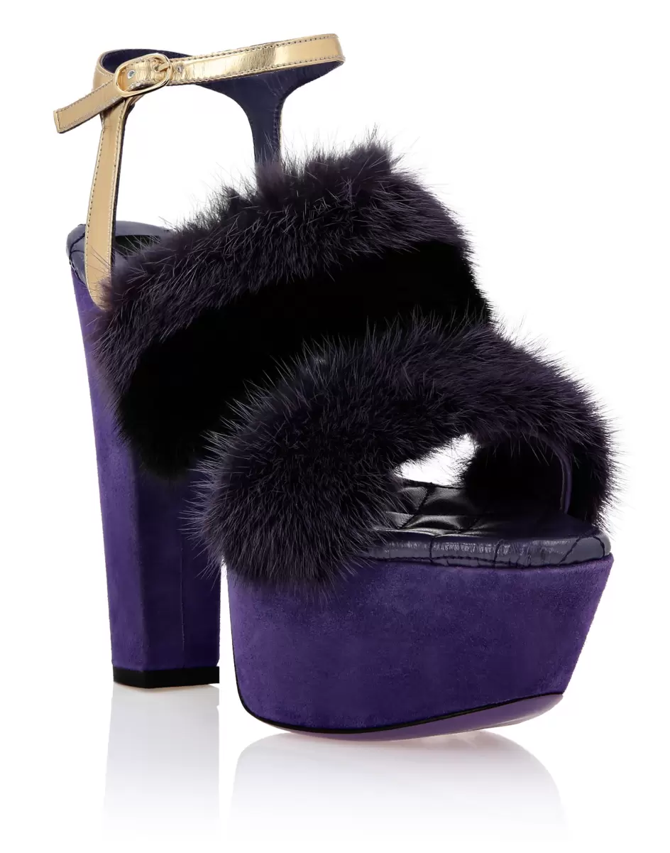Damen Sandalen Kauf Philipp Plein Purple Platform Sandals High Heels With Real Fur