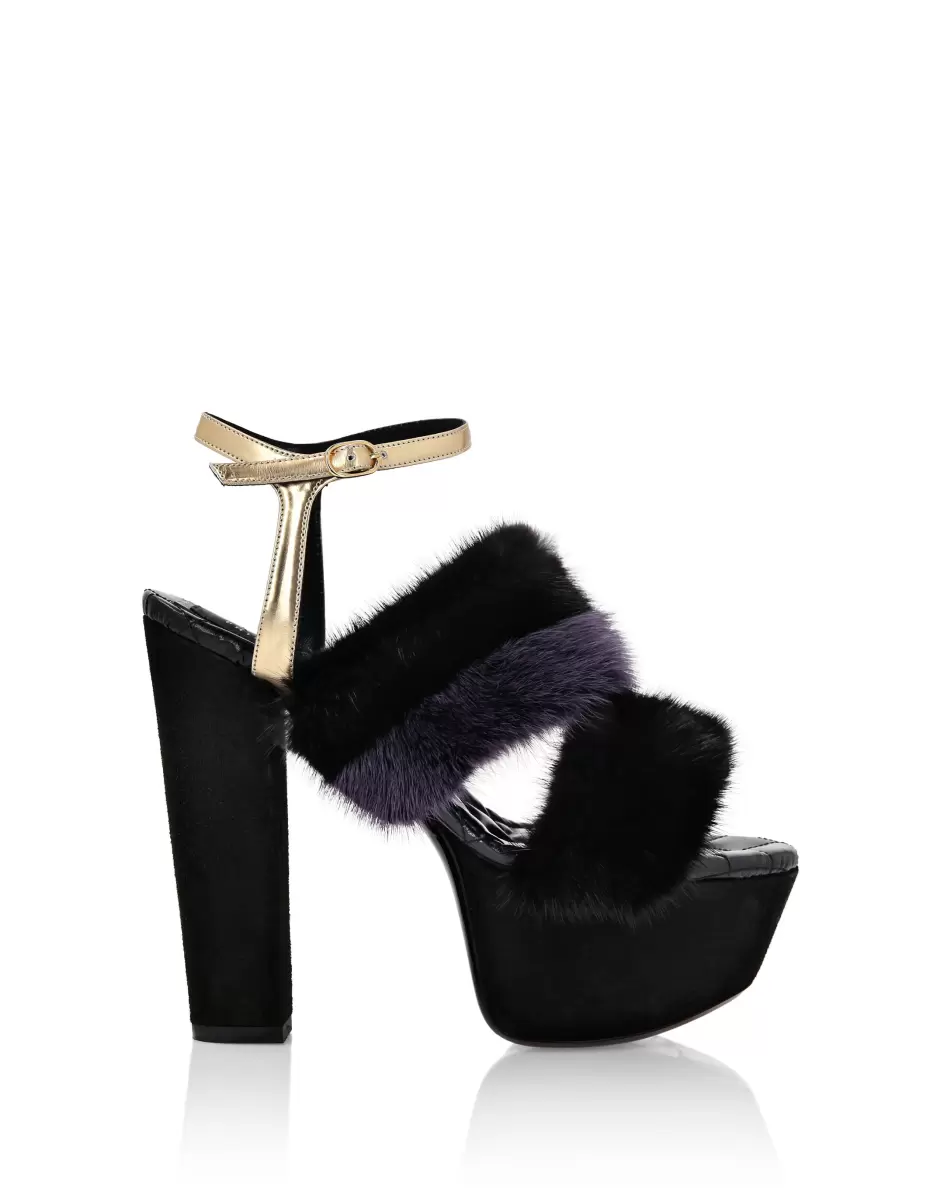 Damen Black Platform Sandals High Heels With Real Fur Sandalen Philipp Plein Vielseitigkeit - 1