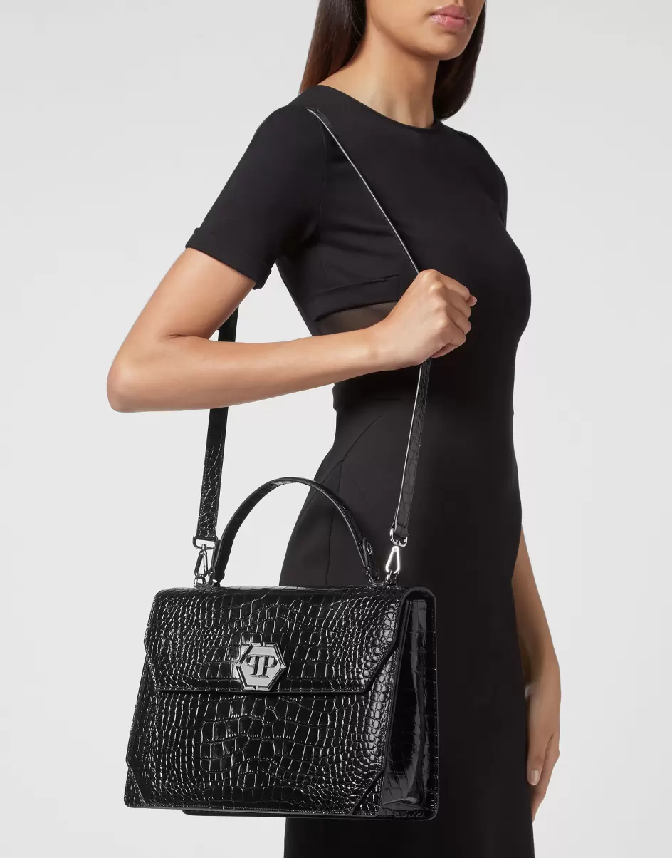 Black Philipp Plein Damen Mini Taschen Modell Large Handbag Superheroine Croco Print - 2