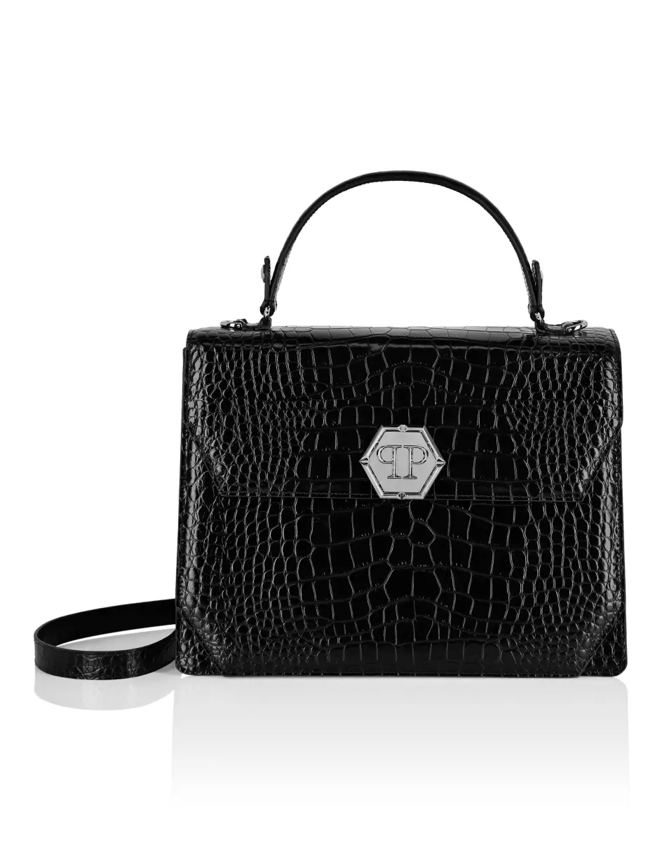 Black Philipp Plein Damen Mini Taschen Modell Large Handbag Superheroine Croco Print