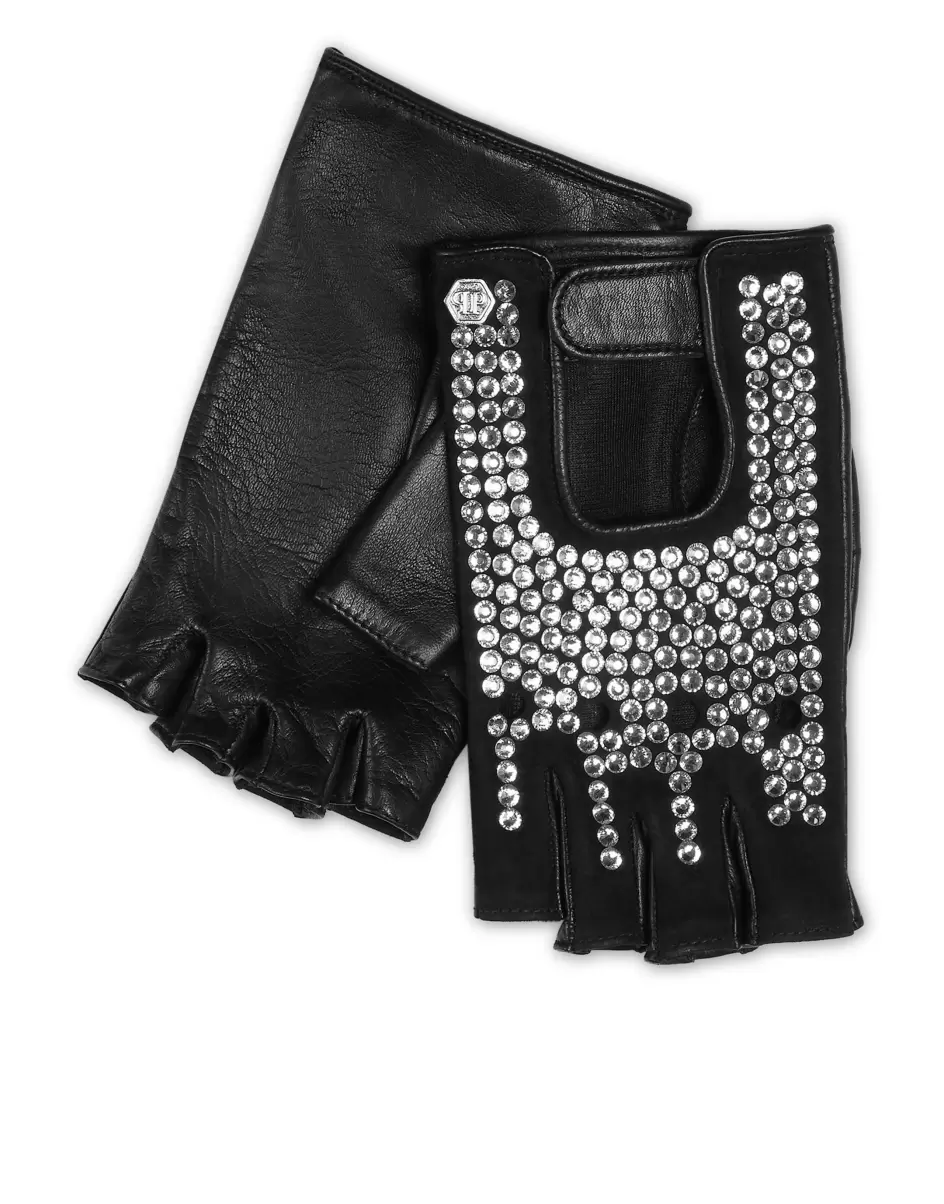 Black Philipp Plein Aktionsrabatt Handschuhe Damen Driver Gloves With Crystals
