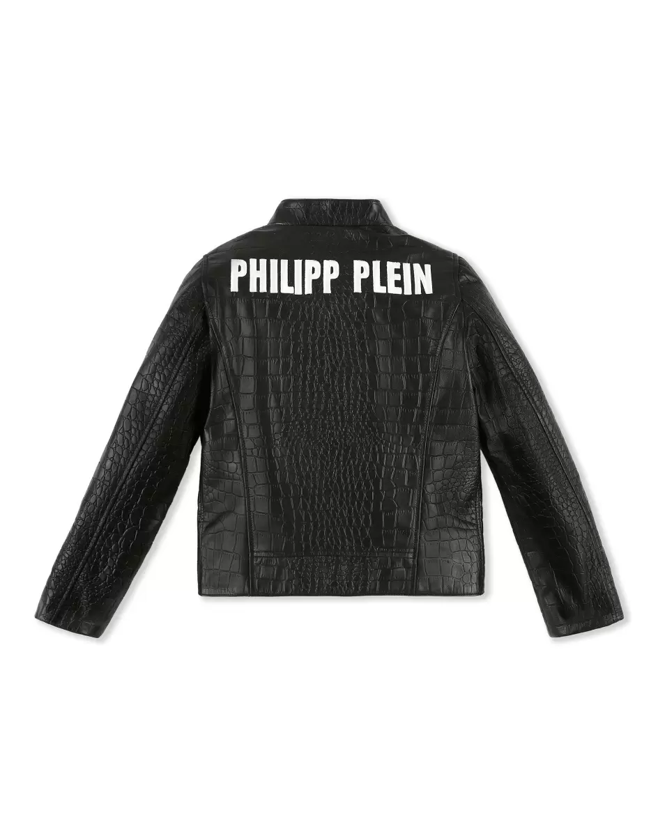Bekleidung Philipp Plein Verkaufen Kinder Black Leather Moto Jacket Logos - 1