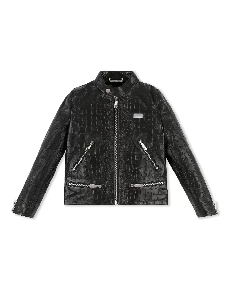 Bekleidung Philipp Plein Verkaufen Kinder Black Leather Moto Jacket Logos