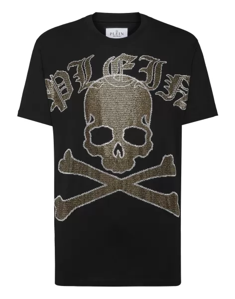 Philipp Plein Black/Light Gold T-Shirt Round Neck Ss With Crystals Gothic Plein Strass Präzision Herren T-Shirt