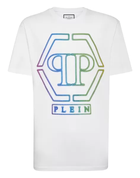 Herren White T-Shirt Fertigung Philipp Plein Embroidered T-Shirt Round Neck Ss Hexagon