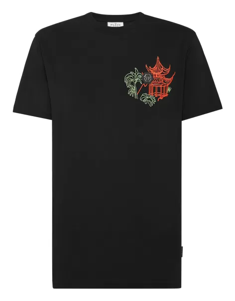 Herren Black Philipp Plein Embroidered T-Shirt Round Neck Ss T-Shirt Rabattgewährung