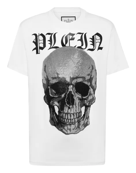 White Philipp Plein Reduzierter Preis Herren T-Shirt Round Neck Ss With Crystals Skull T-Shirt