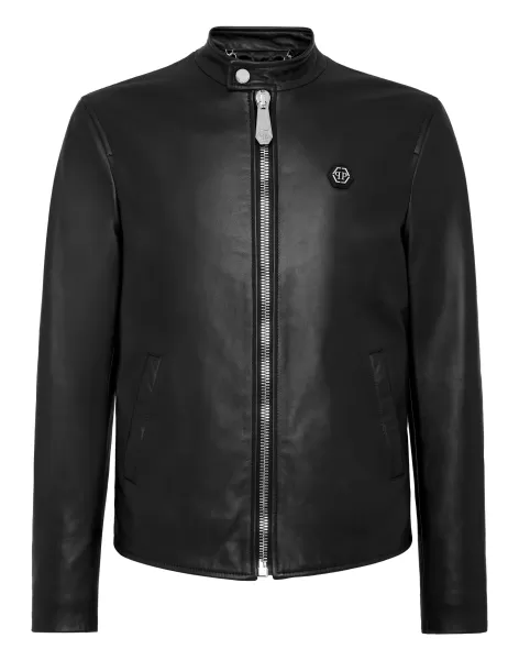 Philipp Plein Leather Moto Jacket Herren Lederjacken Black Rabattaktion