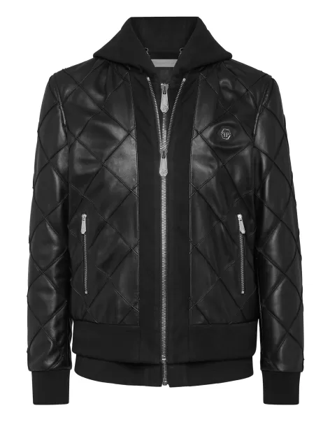 Herren Philipp Plein Black Lederjacken Leather Hooded Jacket Qualität