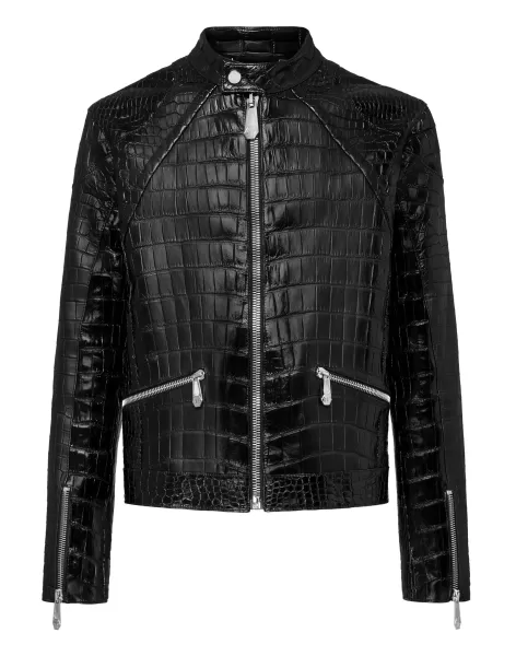 Leather Crocodile Jacket  Luxury Lederjacken Angebot Herren Philipp Plein Black