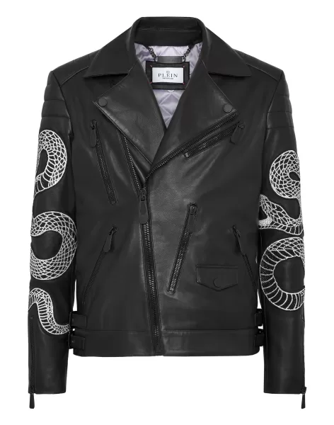 Herren Oberbekleidung & Mäntel Material Black Leather Biker Snake Philipp Plein