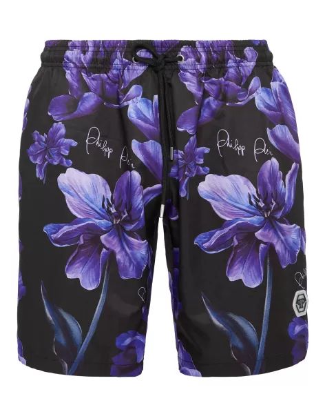 Long Swim-Trunks Flowers Neues Produkt Black Herren Philipp Plein Badebekleidung