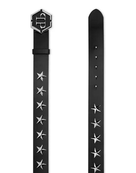 Black/Nickel Herren Leather Belt Stars Neues Produkt Philipp Plein Gürtel