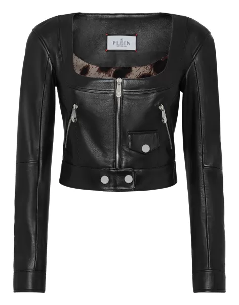Leder Und Pelz Vintage Leather Cropped Jacket Philipp Plein Damen Black 2024