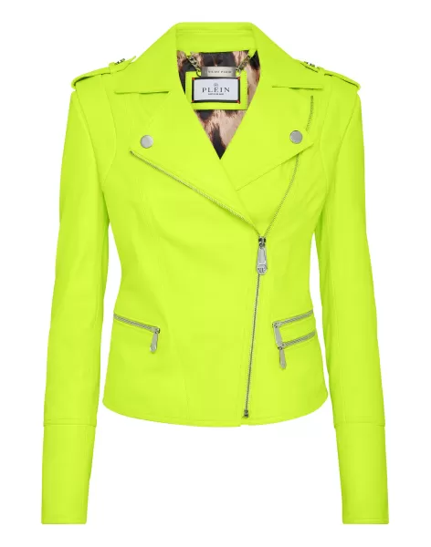 Damen Leder Und Pelz Color Biker Jacket Yellow Preisverhandlung Philipp Plein