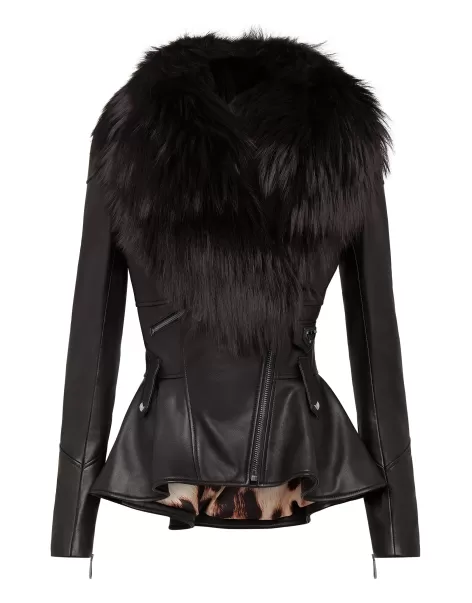 Qualität Damen Philipp Plein Black Leather Biker Fur Collar Iconic Plein Leder Und Pelz