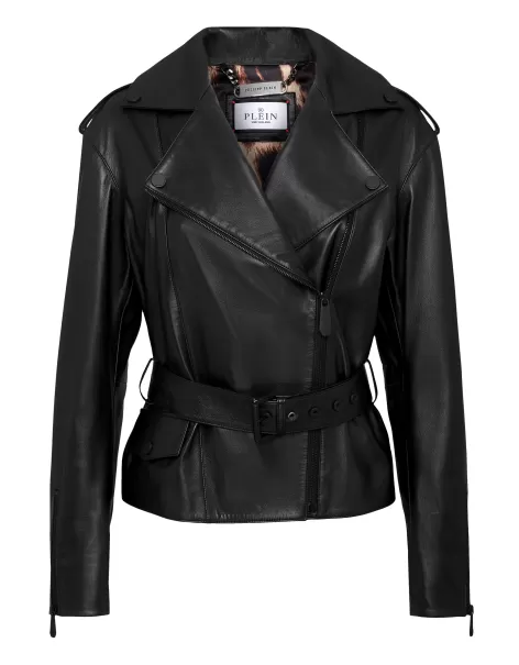 Philipp Plein Black Leder Und Pelz Mengenrabatt Oversize Leather Jacket Damen