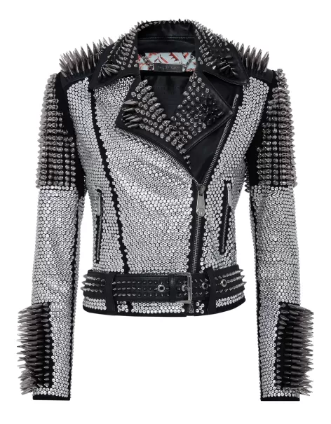 Black Philipp Plein Rabattabzug Damen Leather Biker Jacket Studs Oberbekleidung