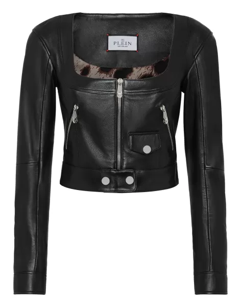 Oberbekleidung Vintage Leather Cropped Jacket Popularität Damen Philipp Plein Black