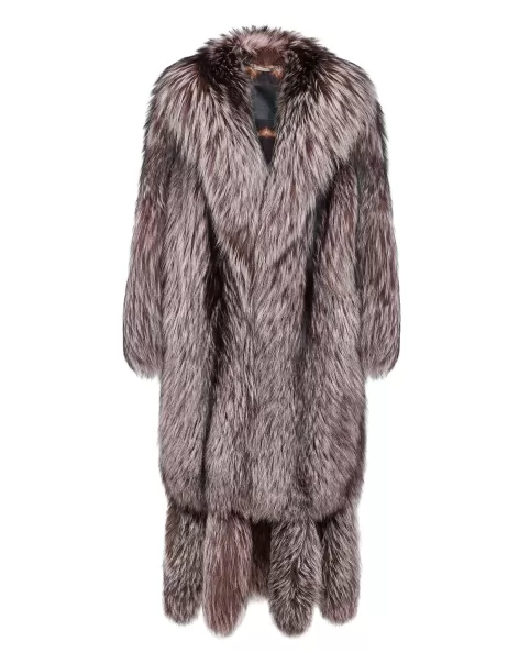 Long Silver Fox Coat Philipp Plein Oberbekleidung Günstig Damen Rose / Pink