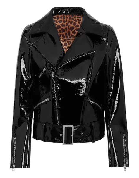 Billig Oberbekleidung Oversize Glossy Eco Leather Jacket Damen Black Philipp Plein