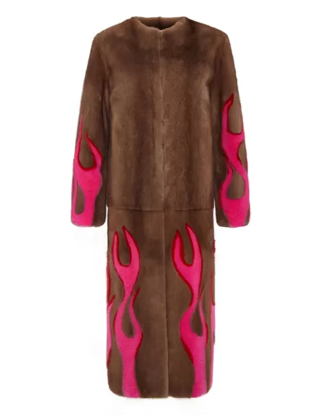 Philipp Plein Oberbekleidung Damen Hell Flames Intarsia Mink Fur Long Coat Geschäft Beige