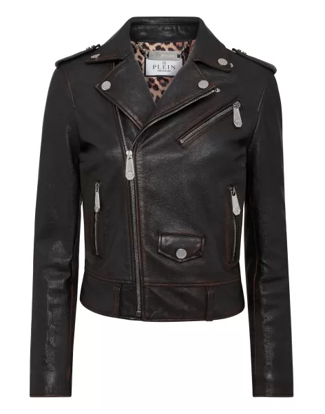 Design Philipp Plein Oberbekleidung Vintage Leather Boxy Biker Black Damen